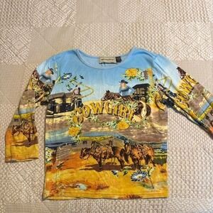 Y2K Bit & Bridle Blue & Yellow Cowgirl Graphic Top